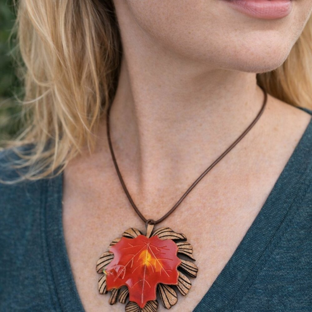 Bohemian Wood and Acrylic Leaf Handmade Necklace jewelry